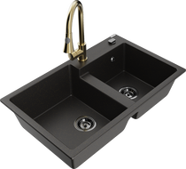 Mexen Tomas dvojkomorový granitový drez s kuchynskou batériou Elia, čierny/zlatý metalik - 6516-75-670101-50-B