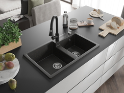 Mexen Tomas žulový drez 2-komorový s kuchynskou batériou Elia, čierny/zlatý metalik - 6516-75-670101-70