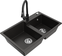 Mexen Tomas žulový drez 2-komorový s kuchynskou batériou Elia, čierny/zlatý metalik - 6516-75-670101-70