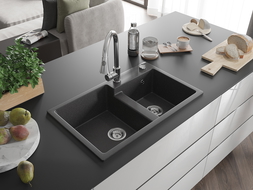 Mexen Tomas granitový kuchynský drez s 2 komorami s kuchynskou batériou Elia, čierny škvrnitý - 6516-76-670101-00