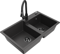 Mexen Tomas žulový drez 2-komorový s kuchynskou batériou Elia, čierny škvrnitý - 6516-76-670101-70-B