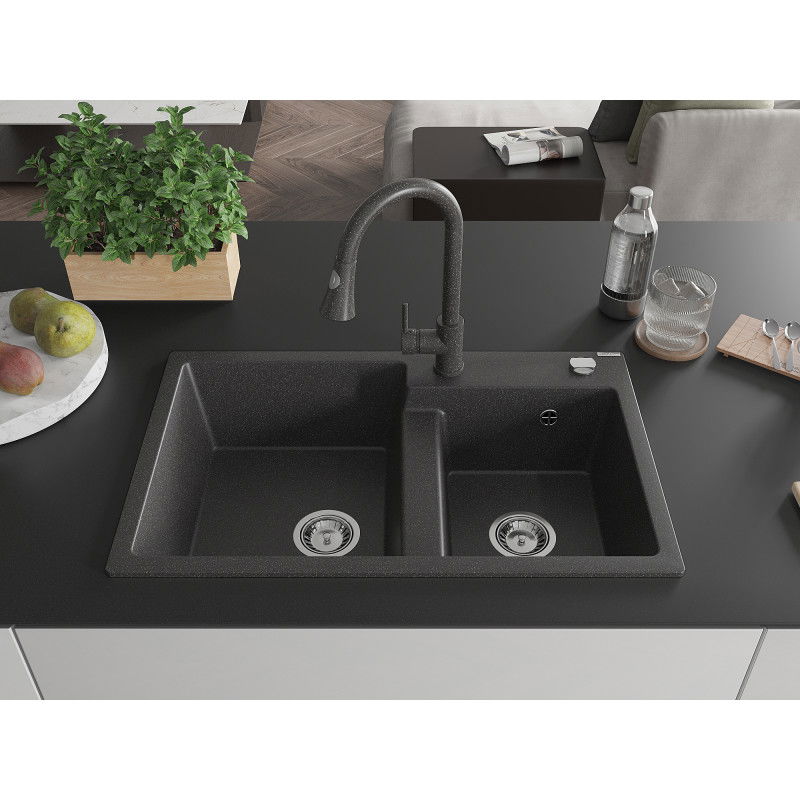 Mexen Tomas žulový kuchynský drez s 2 komorami a kuchynskou batériou Elia, čierny s bodkami - 6516-76-670101-76