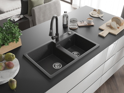 Mexen Tomas žulový kuchynský drez s 2 komorami a kuchynskou batériou Elia, čierny s bodkami - 6516-76-670101-76