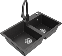 Mexen Tomas žulový kuchynský drez s 2 komorami a kuchynskou batériou Elia, čierny s bodkami - 6516-76-670101-76