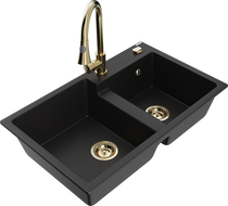 Mexen Tomas granitový drez 2-komorový s kuchynskou batériou Elia, čierny - 6516-77-670101-50