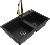 Mexen Tomas granitový drez, 2-komorový s kuchynskou batériou Elia, čierny - 6516-77-670101-50-B