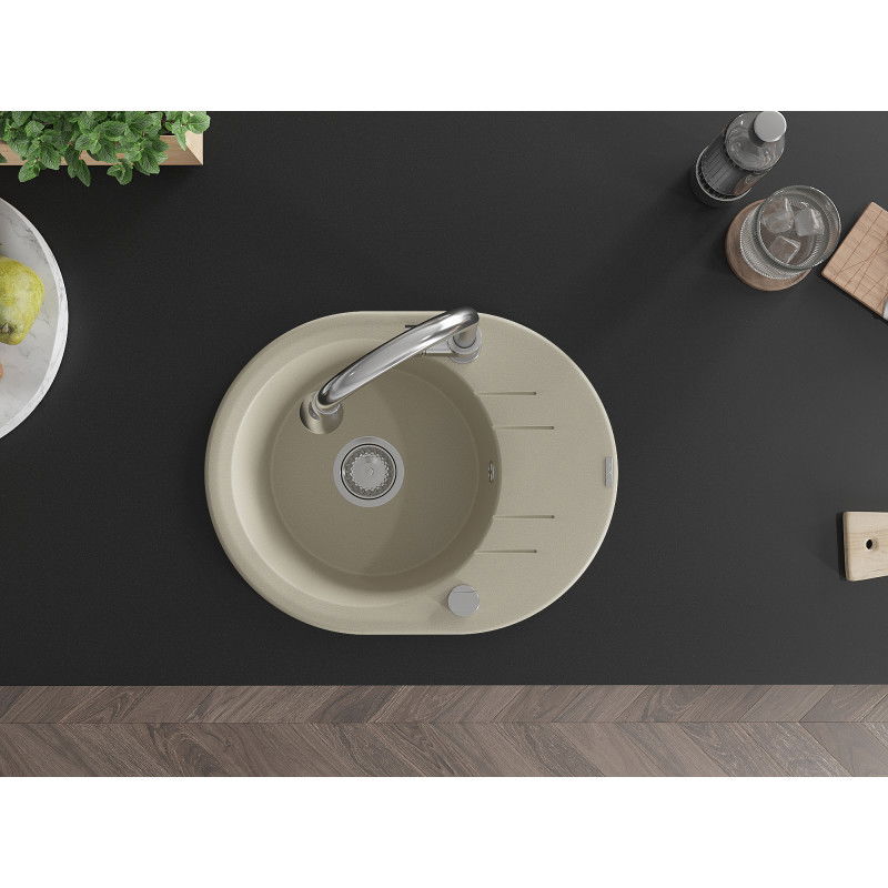 Mexen Kevin žulový drez 1-komorový so sušiakom a kuchynskou batériou Elia, béžový - 6517-69-670101-00