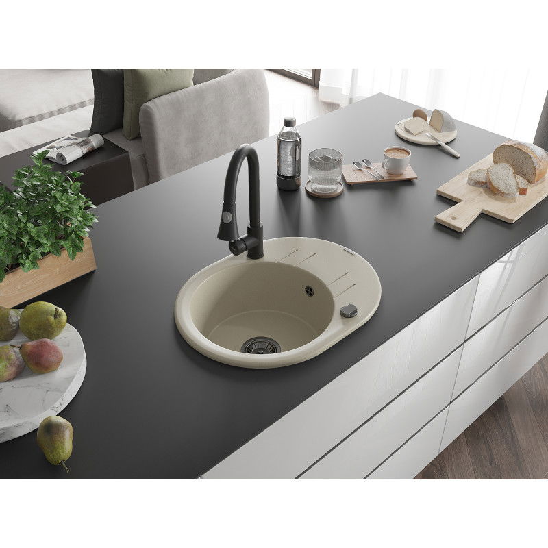 Mexen Kevin granitový drez 1-komorový s odkvapkávačom a kuchynskou batériou Elia, béžový - 6517-69-670101-70