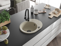 Mexen Kevin granitový drez 1-komorový s odkvapkávačom a kuchynskou batériou Elia, béžový - 6517-69-670101-70