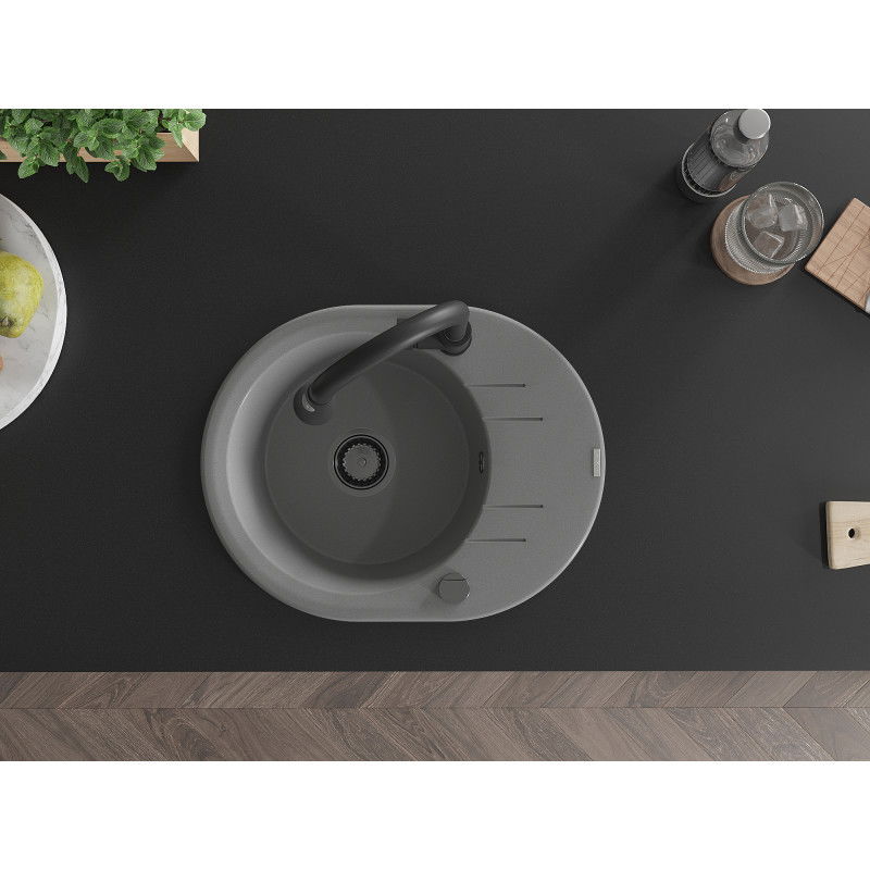 Mexen Kevin žulový kuchynský drez 1-komorový s odkvapkávačom a kuchynská batéria Elia, sivý - 6517-71-670101-70-B