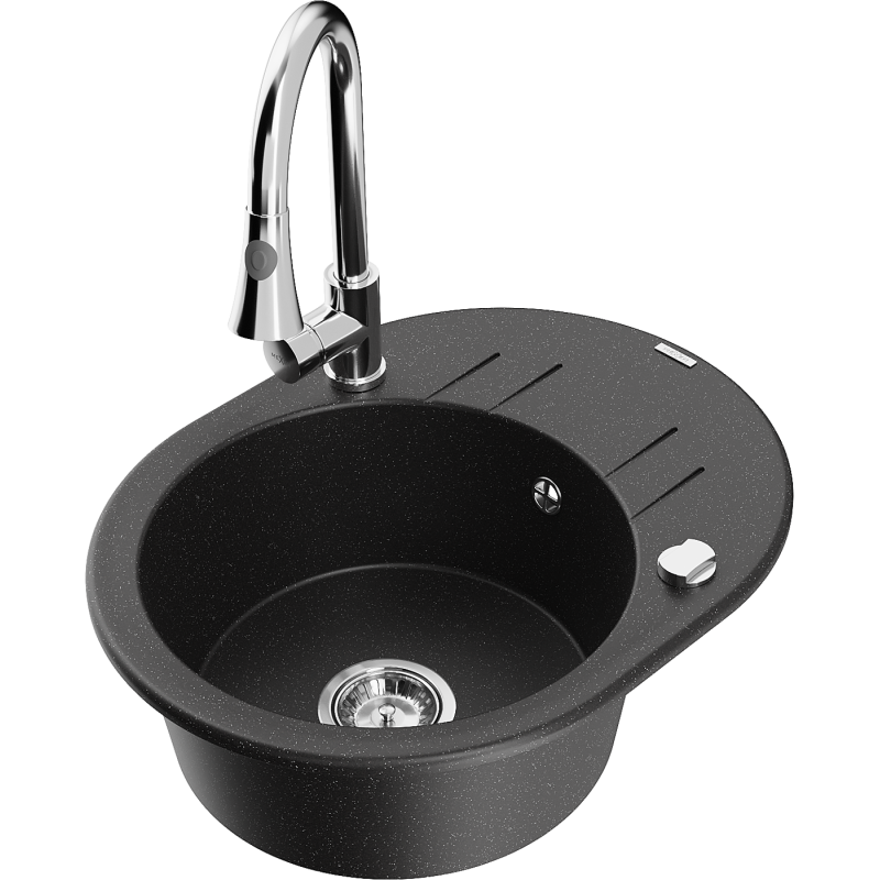 Mexen Kevin granitový drez s 1 komorou s odkvapkávačom a kuchynskou batériou Elia, čierny/strieborný metalický