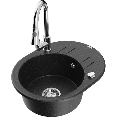 Mexen Kevin granitový drez s 1 komorou s odkvapkávačom a kuchynskou batériou Elia, čierny/strieborný metalický