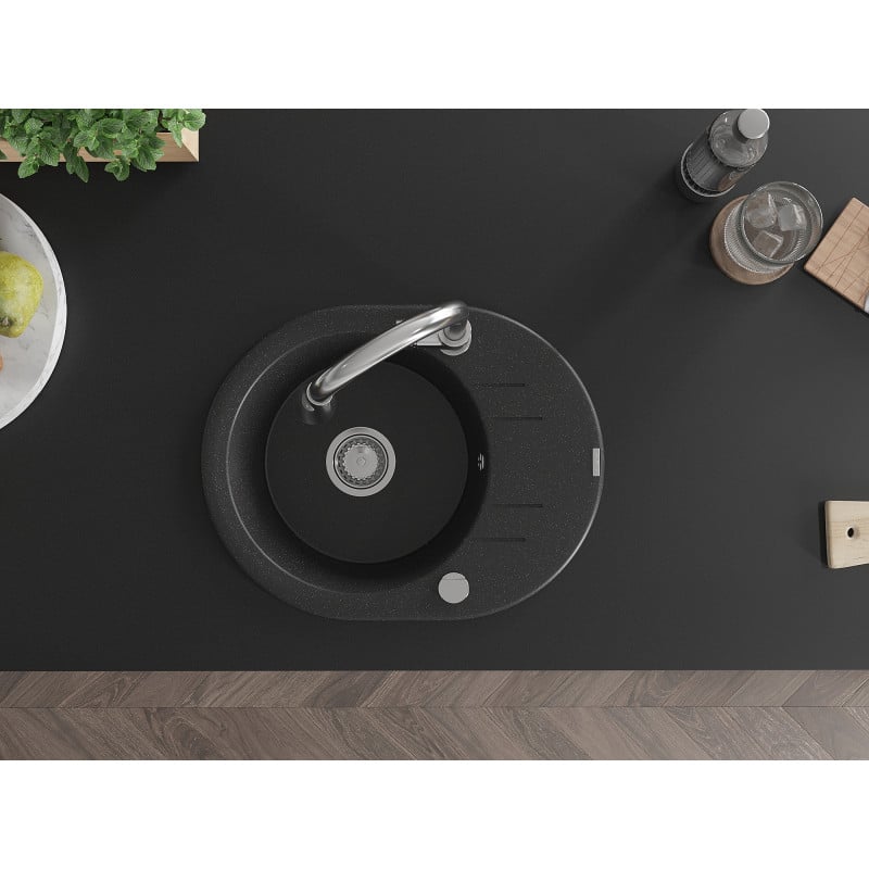 Mexen Kevin granitový drez s 1 komorou s odkvapkávačom a kuchynskou batériou Elia, čierny/strieborný metalický