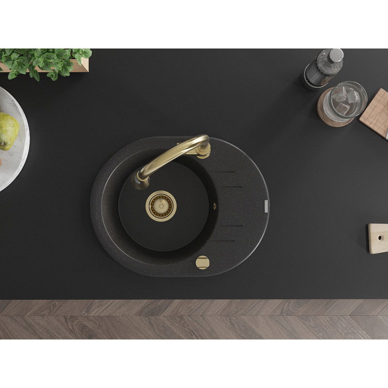 Mexen Kevin granitový jednodrez s odkvapkávačom a kuchynskou batériou Elia, čierny/strieborný metalik - 6517-73-670101-50