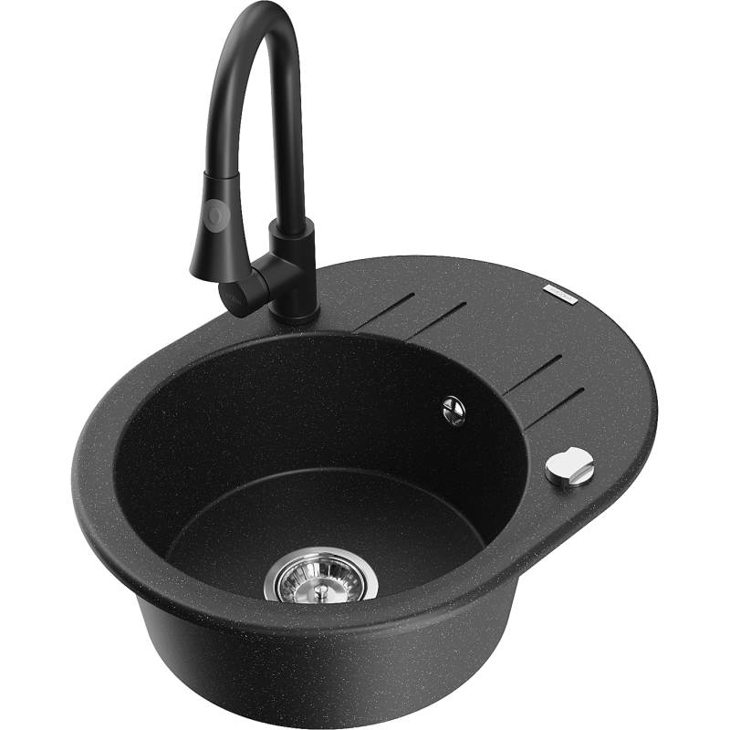 Mexen Kevin granitový jednodrezový kuchynský drez s odkvapom a kuchynskou batériou Elia, čierny/strieborný metalický