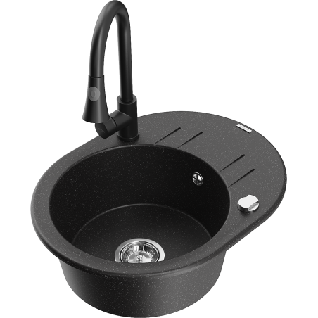 Mexen Kevin granitový jednodrezový kuchynský drez s odkvapom a kuchynskou batériou Elia, čierny/strieborný metalický