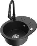 Mexen Kevin granitový jednodrezový kuchynský drez s odkvapom a kuchynskou batériou Elia, čierny/strieborný metalický