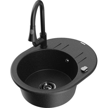 Mexen Kevin Granitový kuchynský drez s 1-komorou, s odkvapkávačom a kuchynskou batériou Elia, čierny/strieborný