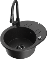 Mexen Kevin Granitový kuchynský drez s 1-komorou, s odkvapkávačom a kuchynskou batériou Elia, čierny/strieborný