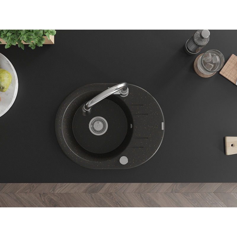 Mexen Kevin granitový drez 1-komorový s odkvapkávačom a kuchynskou batériou Elia, čierny/zlatý metalík - 6517-75-670101-00