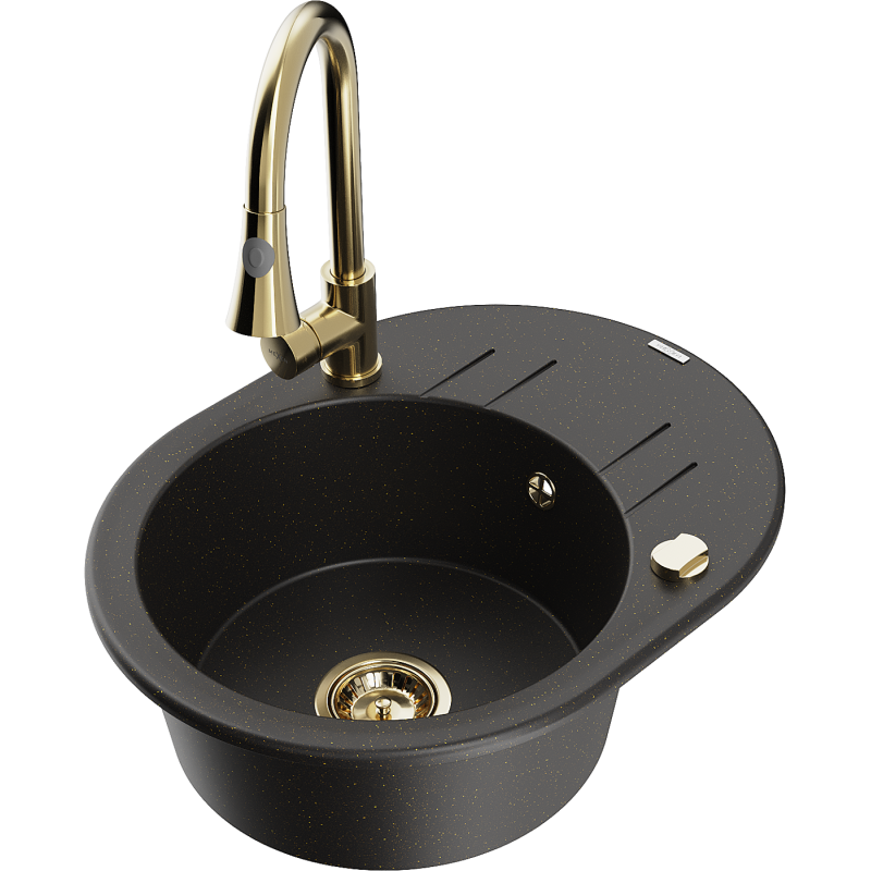 Mexen Kevin granitový drez s 1 komorou s odkvapkávačom a kuchynskou batériou Elia, čierny/zlatý metalik