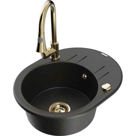 Mexen Kevin granitový drez s 1 komorou s odkvapkávačom a kuchynskou batériou Elia, čierny/zlatý metalik