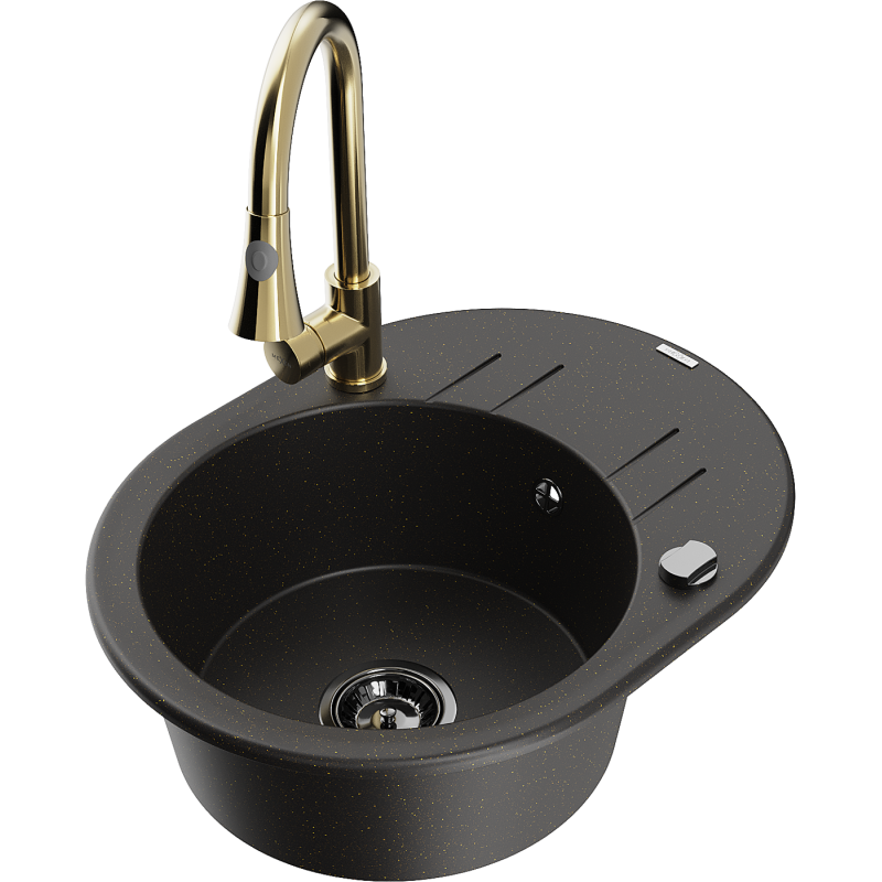 Mexen Kevin granitový drez s 1 komorou, odkvapkávačom a kuchynskou batériou Elia, čierna/zlatý metalický