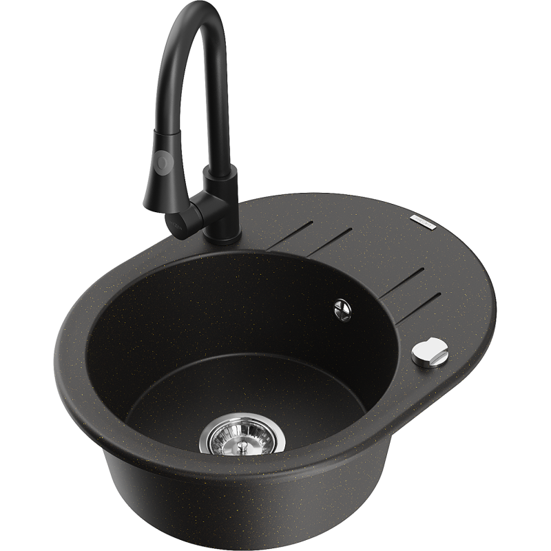 Mexen Kevin granitový drez s 1 komorou s odkvapkávačom a kuchynskou batériou Elia, čierny/zlatý metalik