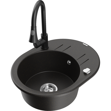 Mexen Kevin granitový drez s 1 komorou s odkvapkávačom a kuchynskou batériou Elia, čierny/zlatý metalik