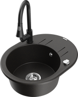 Mexen Kevin granitový drez s 1 komorou s odkvapkávačom a kuchynskou batériou Elia, čierny/zlatý metalik