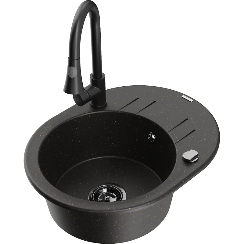 Mexen Kevin granitový drez s 1 komorou s odkvapkávačom a kuchynskou batériou Elia, čierny/zlatý metalický