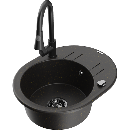 Mexen Kevin granitový drez s 1 komorou s odkvapkávačom a kuchynskou batériou Elia, čierny/zlatý metalický