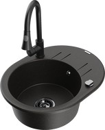 Mexen Kevin granitový drez s 1 komorou s odkvapkávačom a kuchynskou batériou Elia, čierny/zlatý metalický