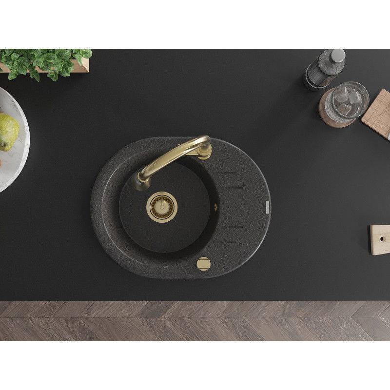 Mexen Kevin granitový drez 1-komorový s odkvapkávacou plochou a kuchynskou batériou Elia, čierny bodkovaný - 6517-76-670101-50