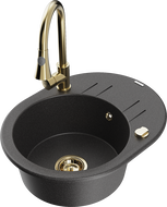 Mexen Kevin granitový drez 1-komorový s odkvapkávacou plochou a kuchynskou batériou Elia, čierny bodkovaný - 6517-76-670101-50