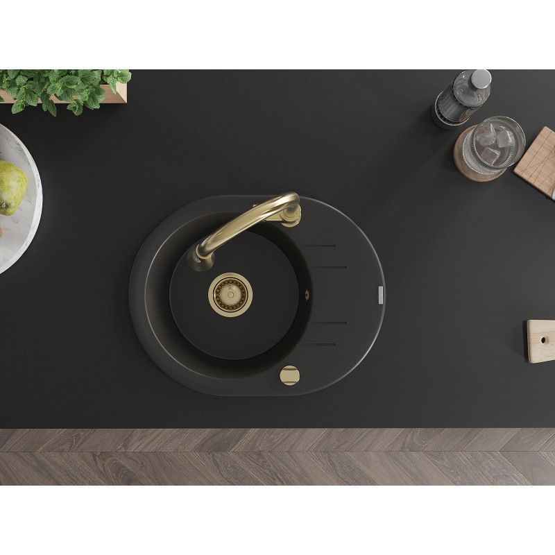 Mexen Kevin granitový kuchynský drez 1-komorový s odkvapkávačom a kuchynskou batériou Elia, čierny - 6517-77-670101-50