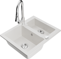 Mexen Carlos granitový drez 1,5-komorový s kuchynskou batériou Elia, biely - 6518-20-670101-00