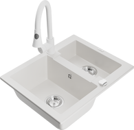 Mexen Carlos žulový drez 1,5-komorový s kuchynskou batériou Elia, biely - 6518-20-670101-20