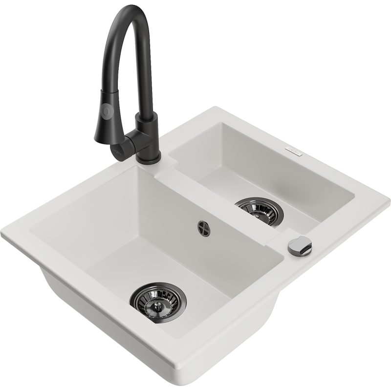 Mexen Carlos žulový kuchynský drez 1,5-komorový s kuchynskou batériou Elia, biely - 6518-20-670101-70