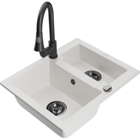 Mexen Carlos žulový kuchynský drez 1,5-komorový s kuchynskou batériou Elia, biely - 6518-20-670101-70