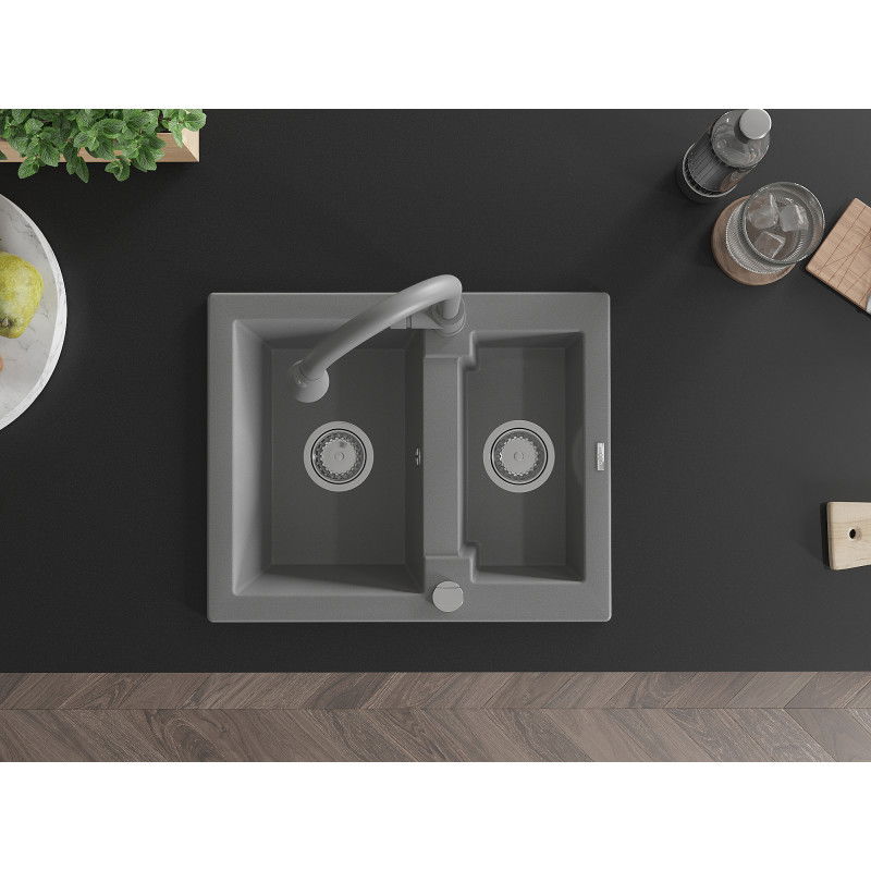 Mexen Carlos granitový drez 1,5-miskový s kuchynskou batériou Elia, sivý - 6518-71-670101-71