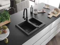 Mexen Carlos žulový drez 1,5-komorový s kuchynskou batériou Elia, čierny/strieborný metalik - 6518-73-670101-70-B