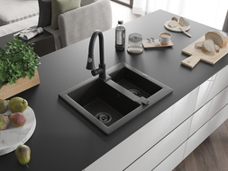Mexen Carlos granitový kuchynský drez 1,5-komorový s kuchynskou batériou Elia, čierno/zlatý metalik - 6518-75-670101-70-B