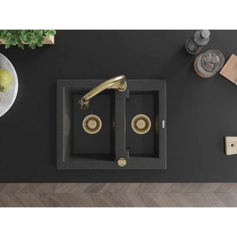 Mexen Carlos granitový drez s 1,5 komorou s kuchynskou batériou Elia, čierny škvrnitý - 6518-76-670101-50
