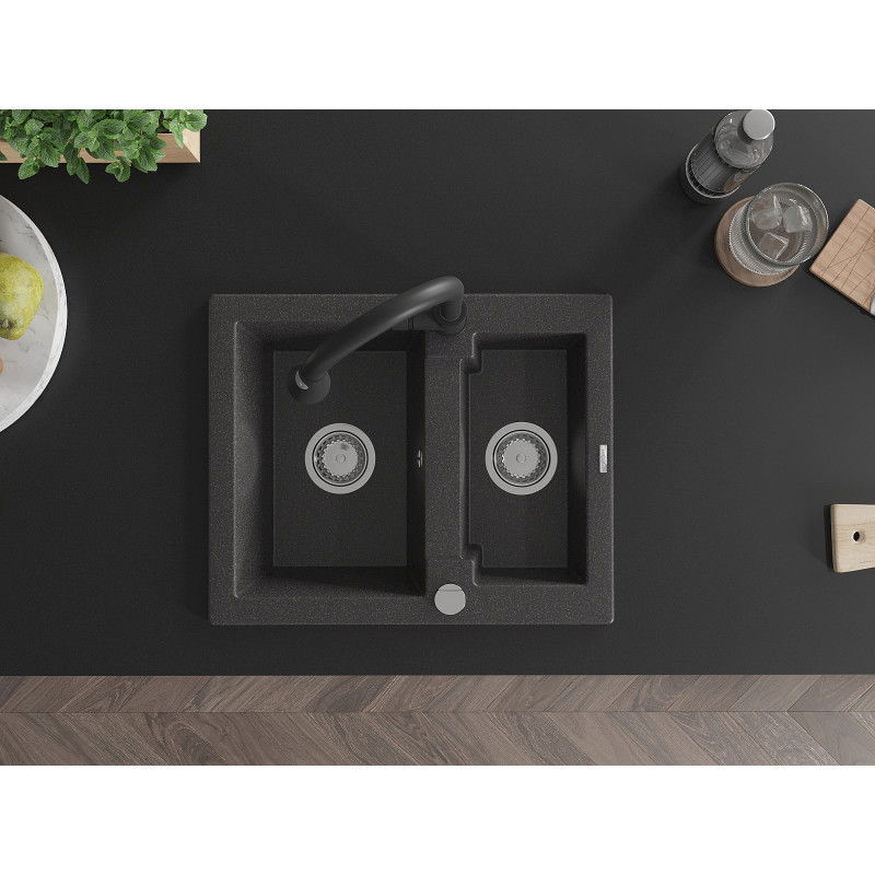 Mexen Carlos granitový drez 1,5-komorový s kuchynskou batériou Elia, čierny bodkovaný - 6518-76-670101-70