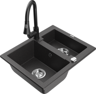 Mexen Carlos granitový drez 1,5-komorový s kuchynskou batériou Elia, čierny bodkovaný - 6518-76-670101-70