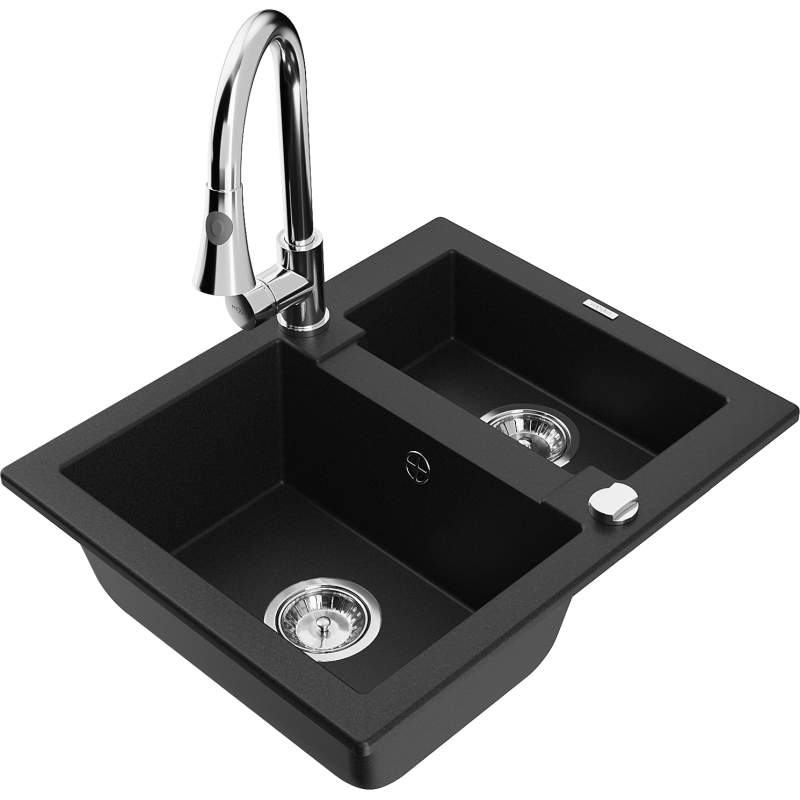 Mexen Carlos žulový kuchynský drez 1,5-komorový s kuchynskou batériou Elia, čierny - 6518-77-670101-00