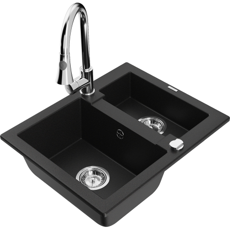 Mexen Carlos žulový kuchynský drez 1,5-komorový s kuchynskou batériou Elia, čierny - 6518-77-670101-00