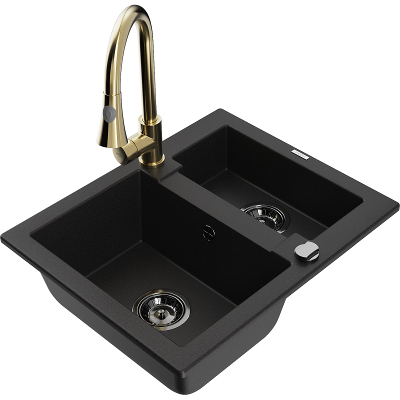 Mexen Carlos žulový drez 1,5-komorový s kuchynskou batériou Elia, čierny - 6518-77-670101-50-B