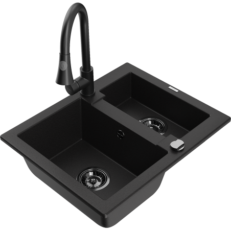 Mexen Carlos granitový kuchynský drez 1,5-komorový s kuchynskou batériou Elia, čierny - 6518-77-670101-70-B